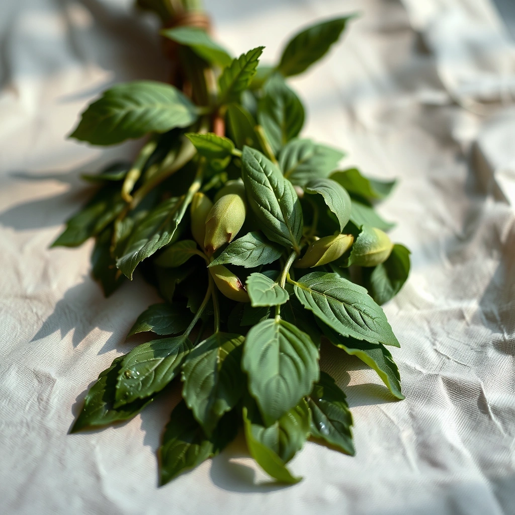 Zioła i liście na lnianej tkaninie w naturalnym świetle
